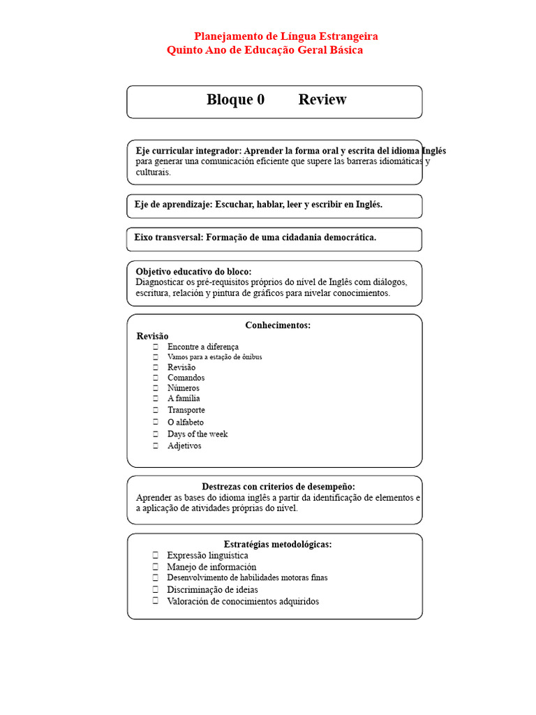 Planejamento de Inglês para o 5º Ano | PDF | Linguagem natural ...