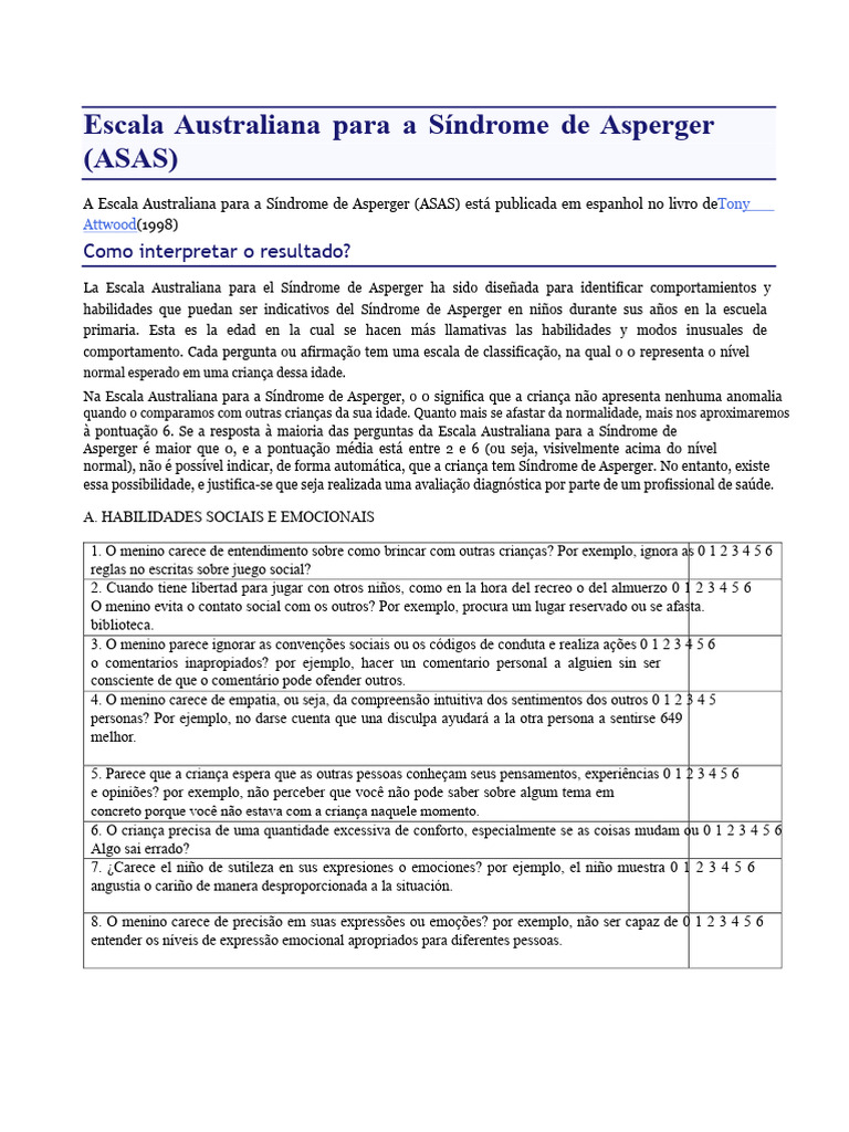 Escala Australiana para Síndrome de Asperger | PDF | Síndrome de ...