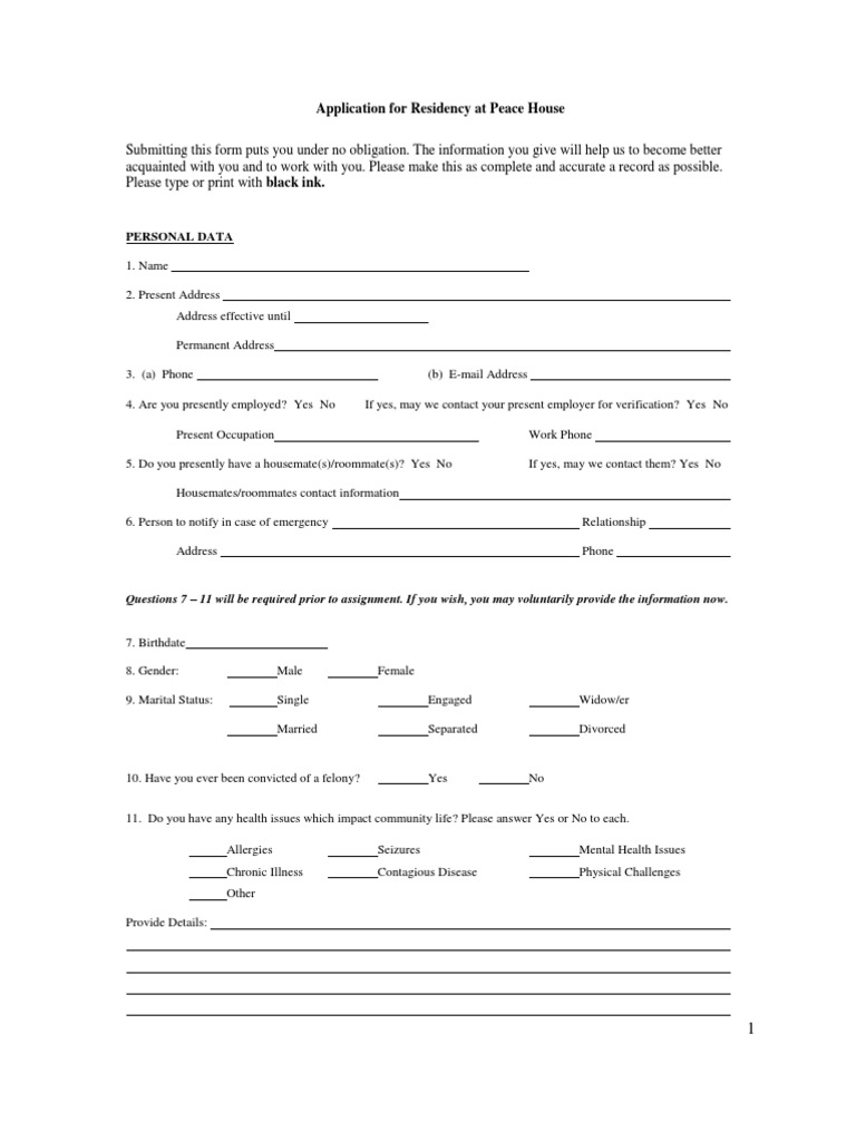 Application For Residency at Peace House | PDF | Minister (Christianity ...