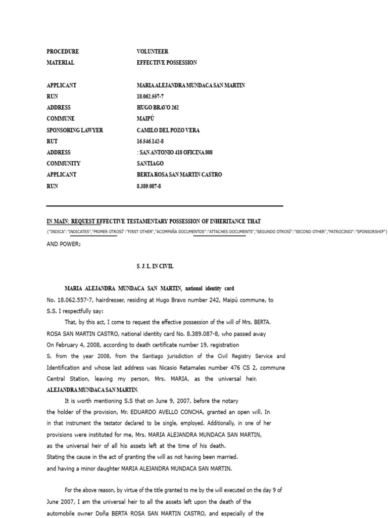 Lawsuit. Effective Testamentary Possession - Alejandra | PDF | Will And ...