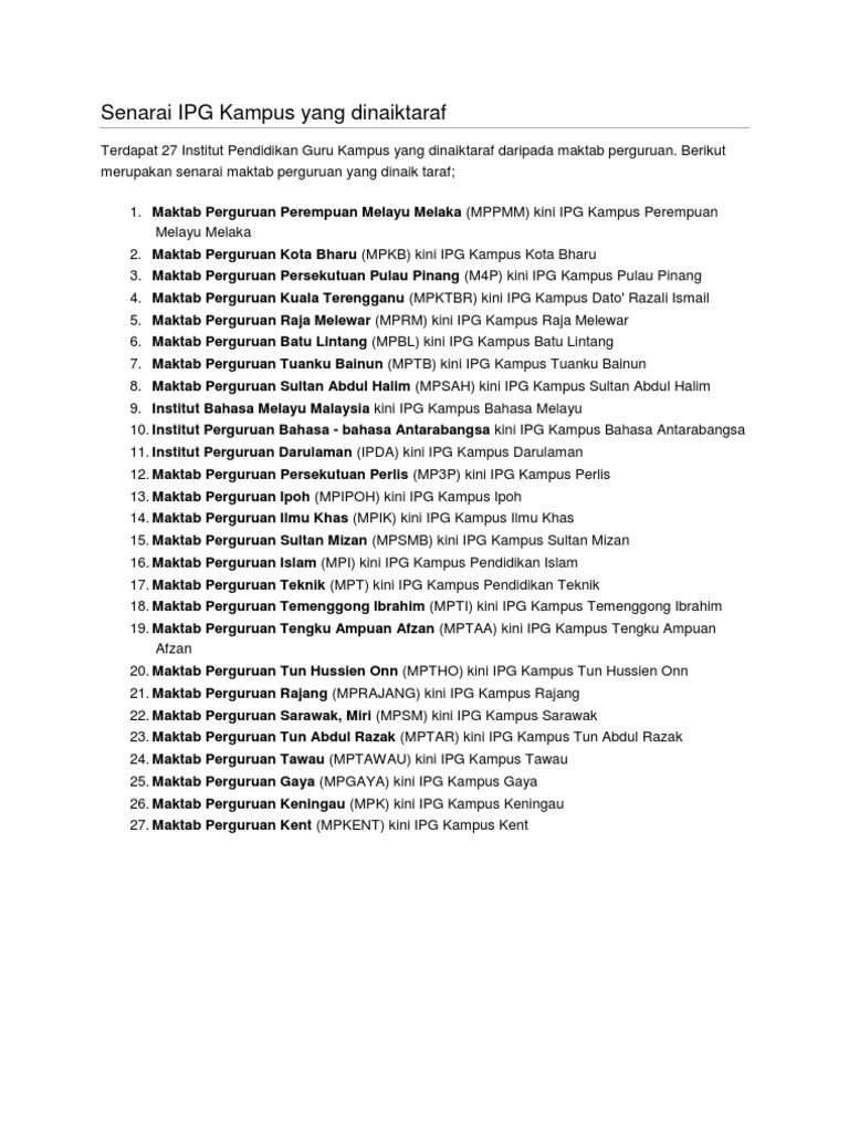 Senarai Ipg Kampus Yang Dinaiktaraf Pdf