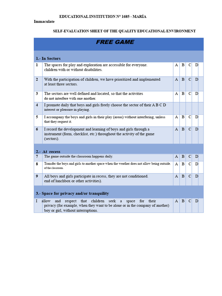Self-Evaluation Sheets of The Educational Environment | PDF | Hygiene ...