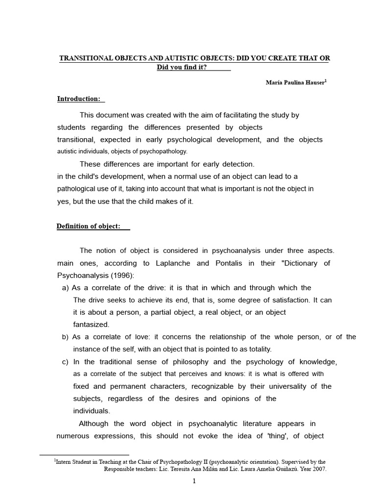Transitional vs. Autistic Objects Explained | PDF | Autism | Psychology
