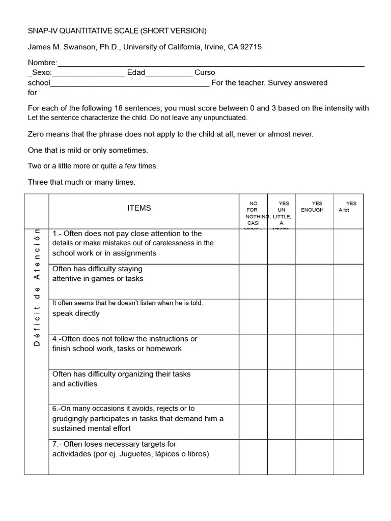 SNAP-IV Scale for ADHD Assessment | PDF | Attention Deficit ...