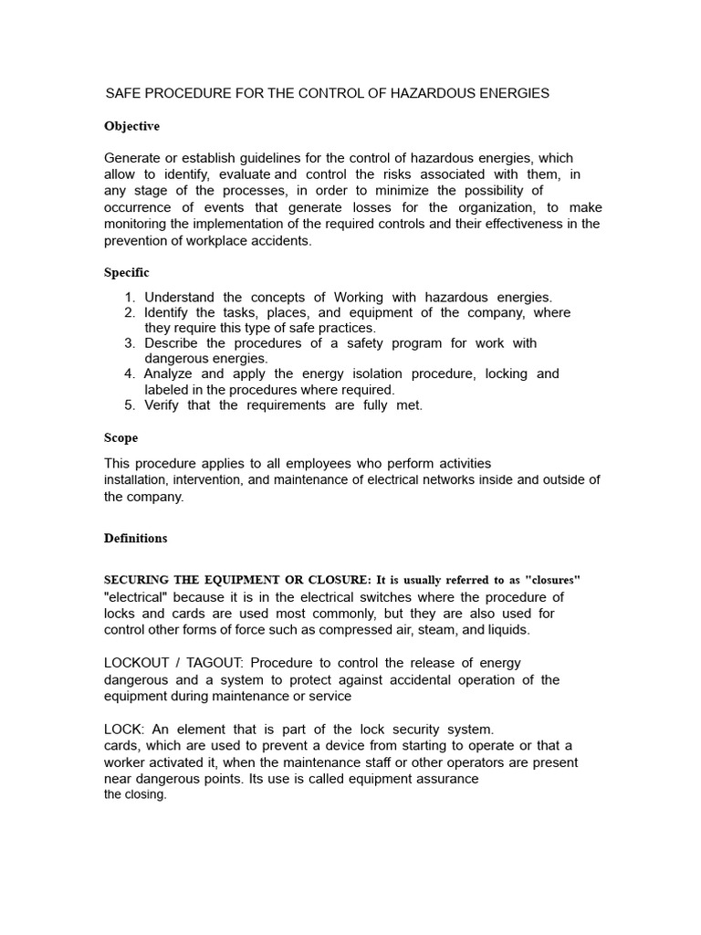 Hazardous Energy Control Procedures | PDF | Safety | Occupational ...
