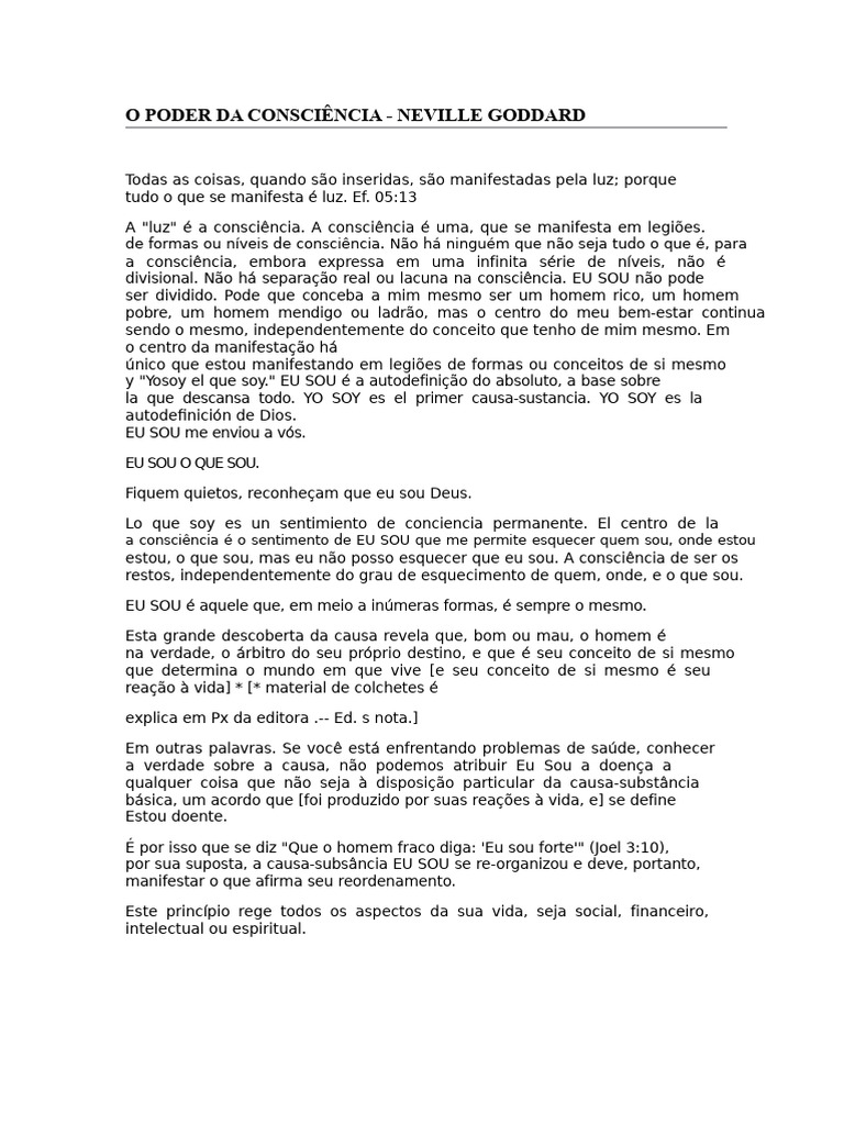 O Poder da Consciência de Neville Goddard | PDF | Pensamento | Consciência