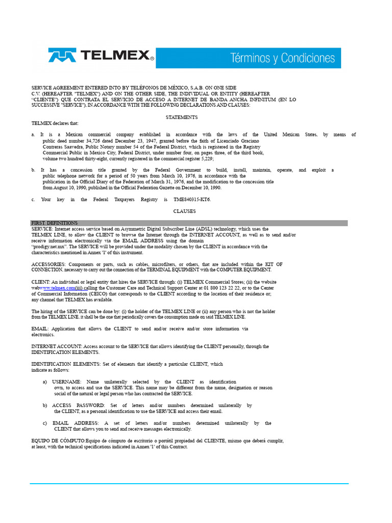TELMEX Internet Service Agreement | PDF | Computer Network | Internet