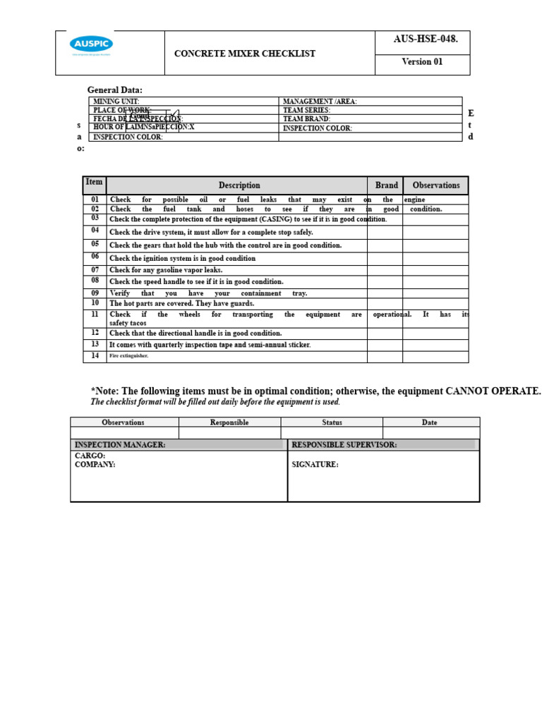 Concrete Mixer Safety Inspection Checklist | PDF