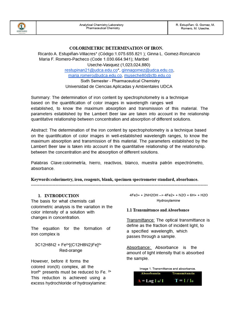 REPORT 9. COLORIMETRIC DETERMINATION OF IRON | PDF | Absorbance ...