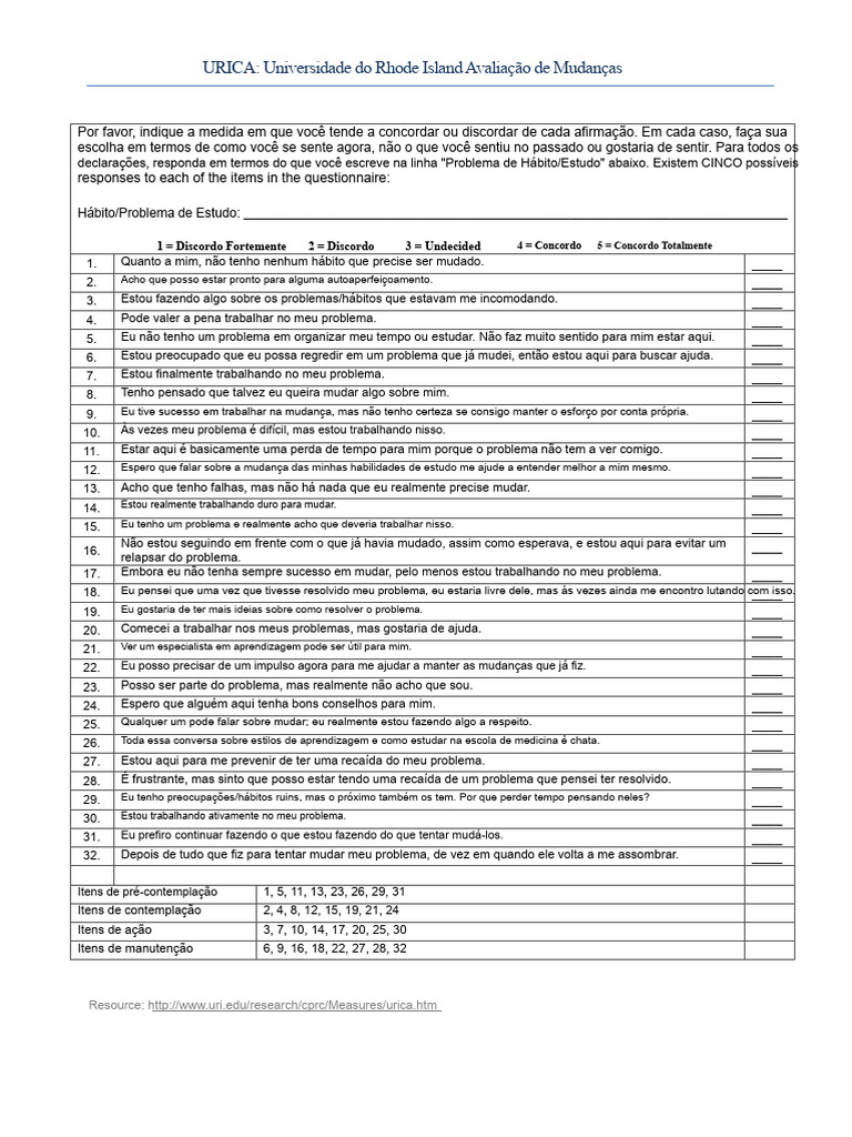 Avaliação URICA: Mudança de Hábitos | PDF | Aprendizado