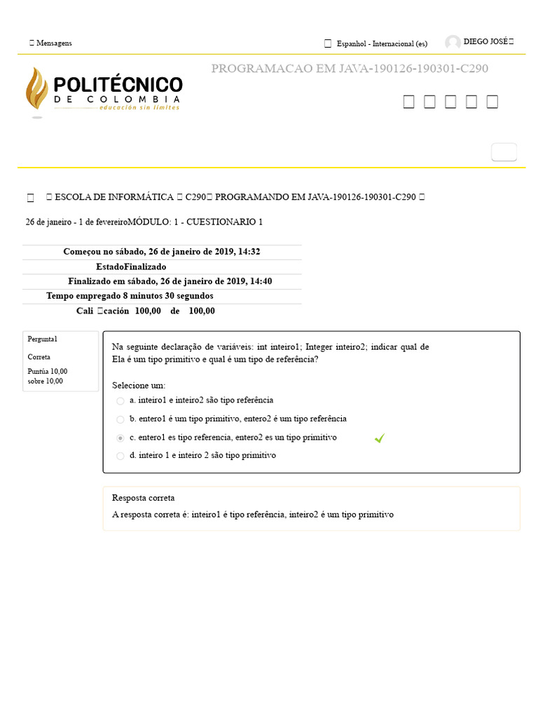 Módulo 1 - Questionário 1 | PDF | Lógica matemática | Java (linguagem ...