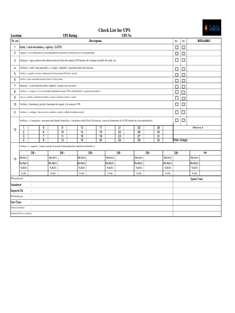 Check List For UPS: Location: UPS Rating: Ups No | PDF