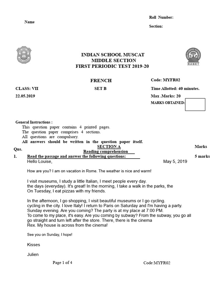 Class 7 - French - Question Paper - Set B - First - 220522 - 221509 ...