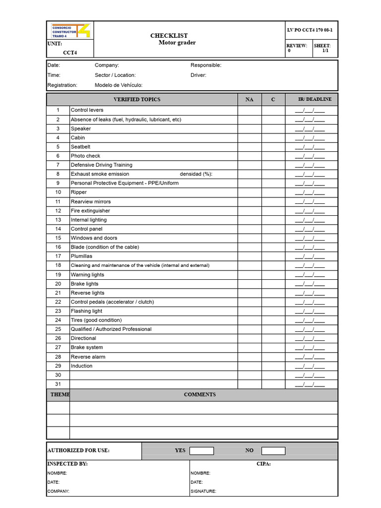 Motor Grader Inspection Checklist | PDF | Land Vehicles | Motor Vehicle