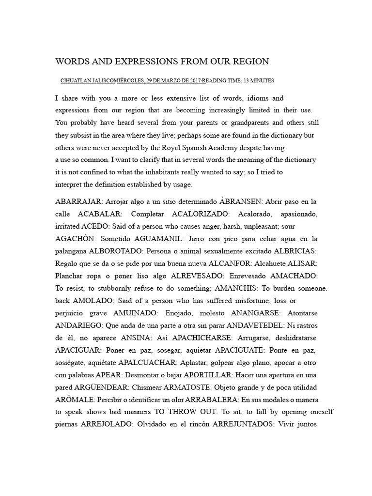Regional Words and Expressions List | PDF