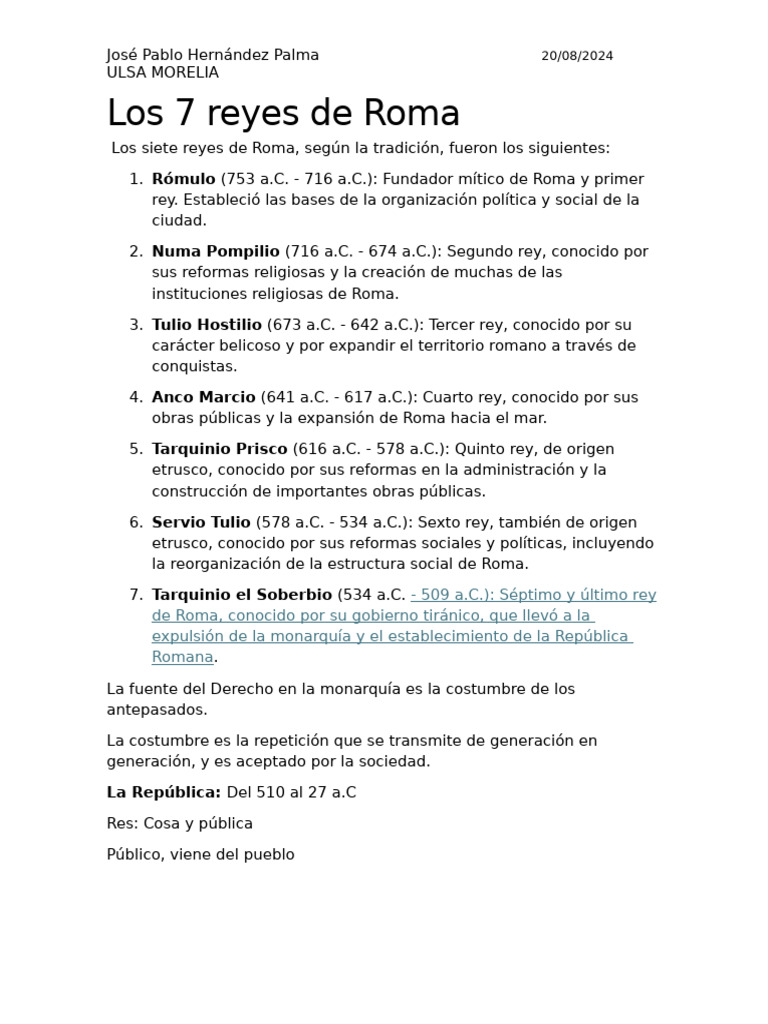 Los 7 Reyes de Roma y su Legado | PDF | Roma antigua | Civilizaciones ...