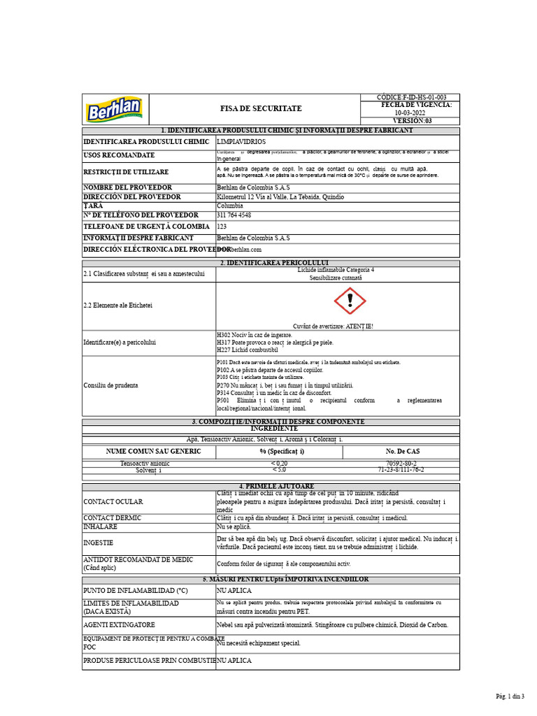 F Id Hs 01 003 Foaie de Siguranță Pentru Curățarea Geamurilor | PDF