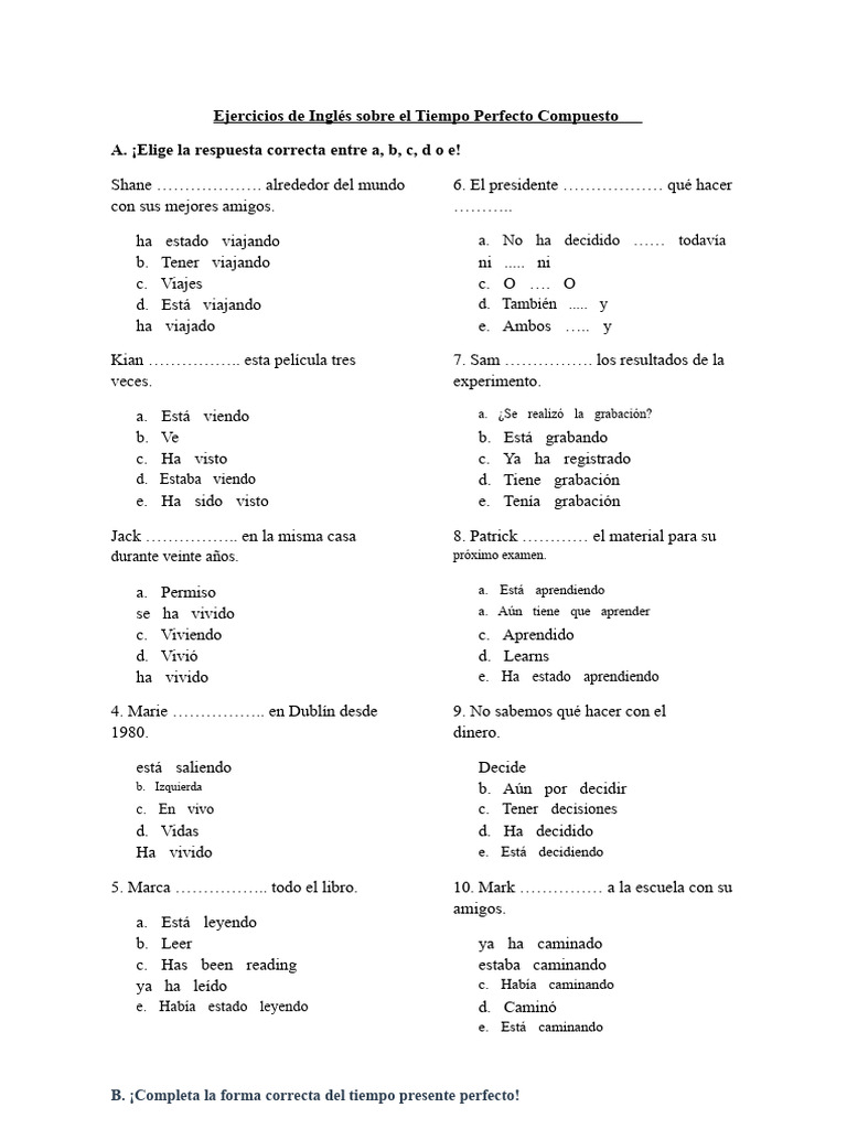 Ejercicios de Presente Perfecto en Inglés | PDF