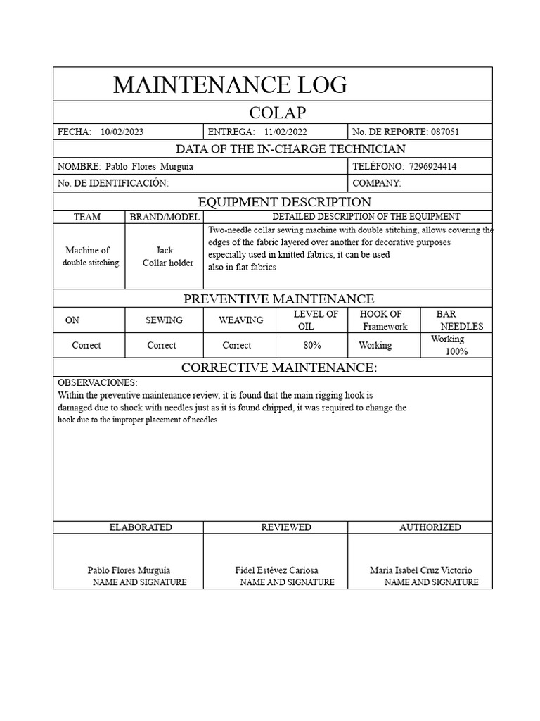 Example of Maintenance Log | PDF