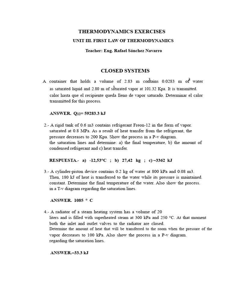 Thermodynamics Exercises. Unit III. First Law of Thermodynamics | PDF ...