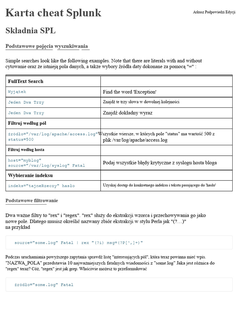 Ściągawka Splunk | PDF