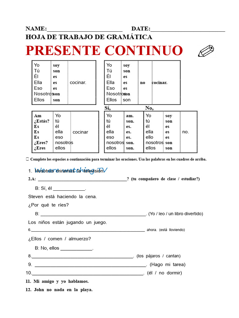 Ejercicios de Presente Continuo en Español | PDF