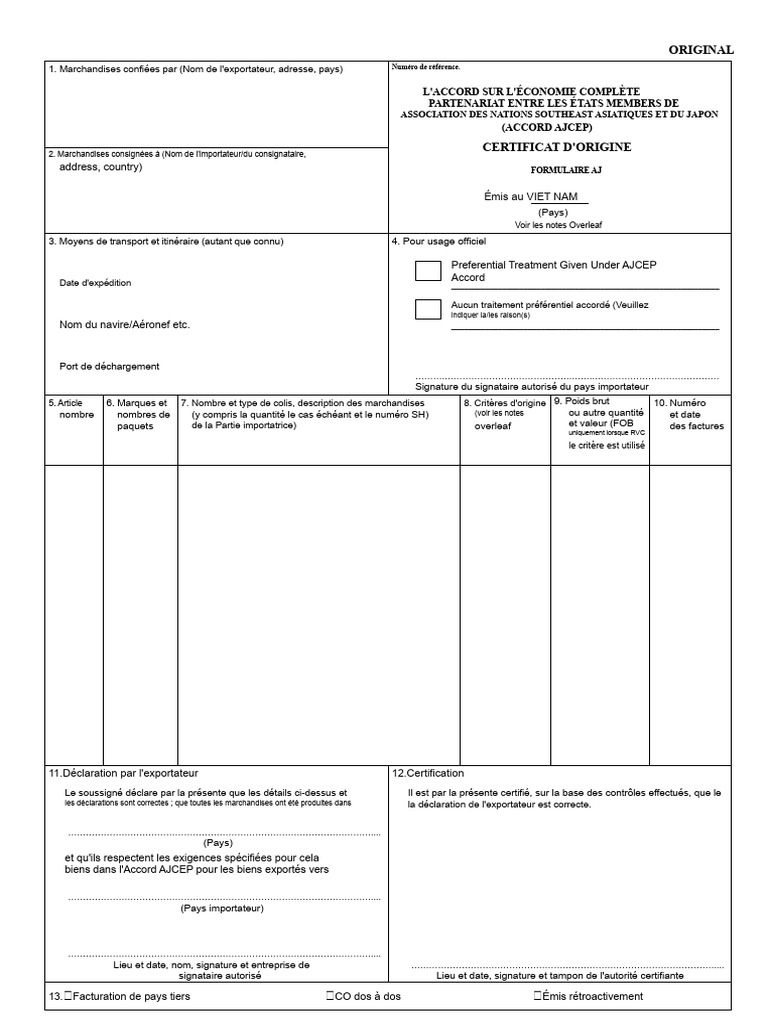 Certificat d'origine AJCEP pour exportations | PDF | Asie du sud-est ...