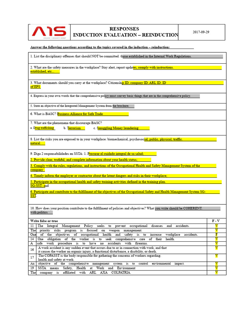 Induction Evaluation for Workplace Safety | PDF | Occupational Safety ...