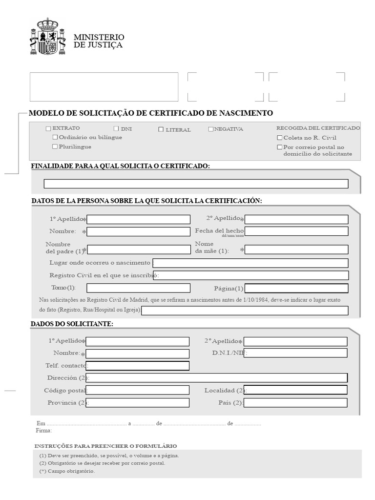 Modelo de Solicitação de Certificado de Nascimento | PDF