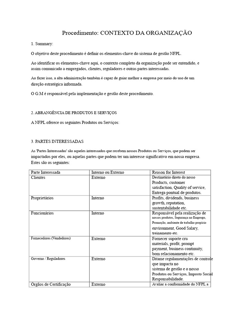 Contexto e Gestão da NFPL: Partes Interessadas | PDF | Cadeia de ...