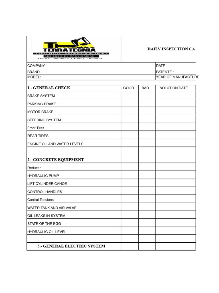 Daily Equipment Inspection Checklist | PDF | Elevator | Truck