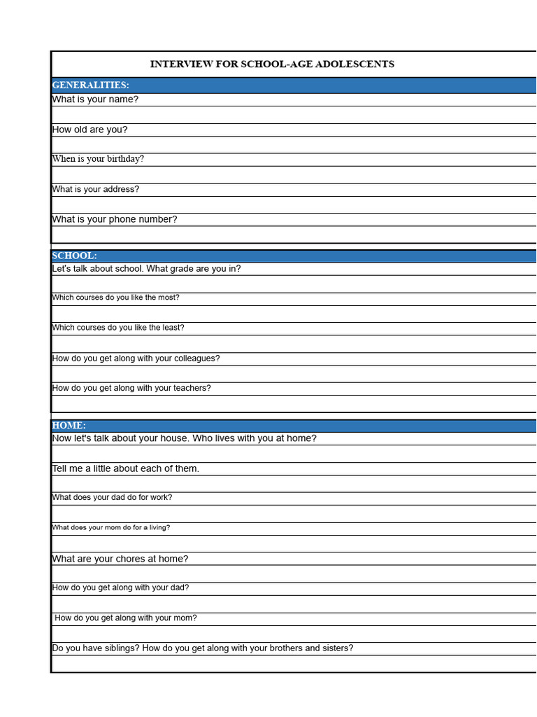 Adolescent Interview Questions Guide | PDF