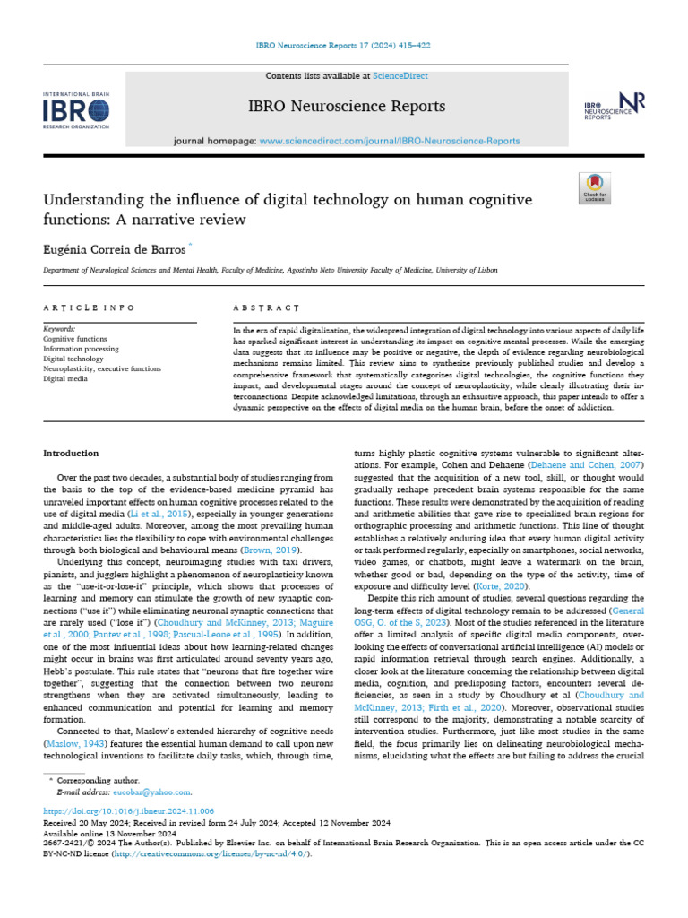 Impact of Digital Tech on Cognition | PDF | Memory | Attention