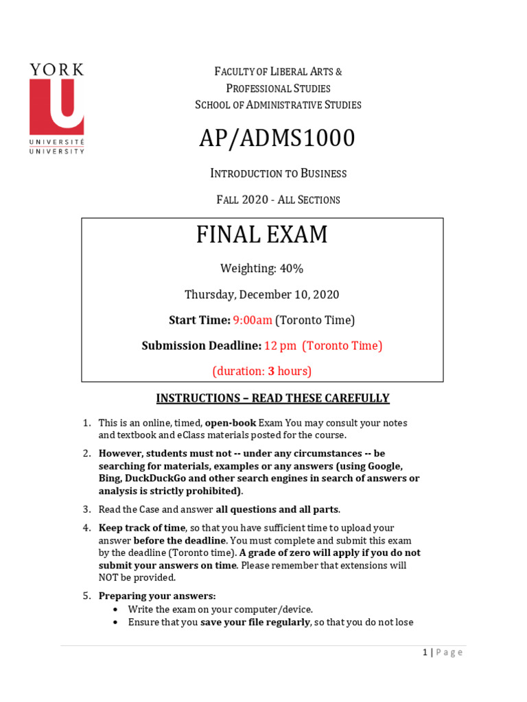 ADMS 1000 - Fall 2020 - Final Exam | PDF | Turnitin | Academic Integrity