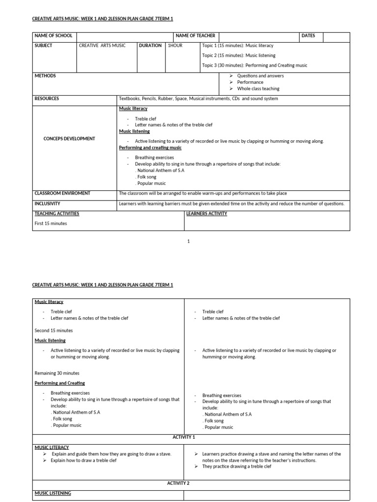 Creative Arts Lesson Plan Week 1 & 2 Term 1 | PDF | Classroom | Cognition