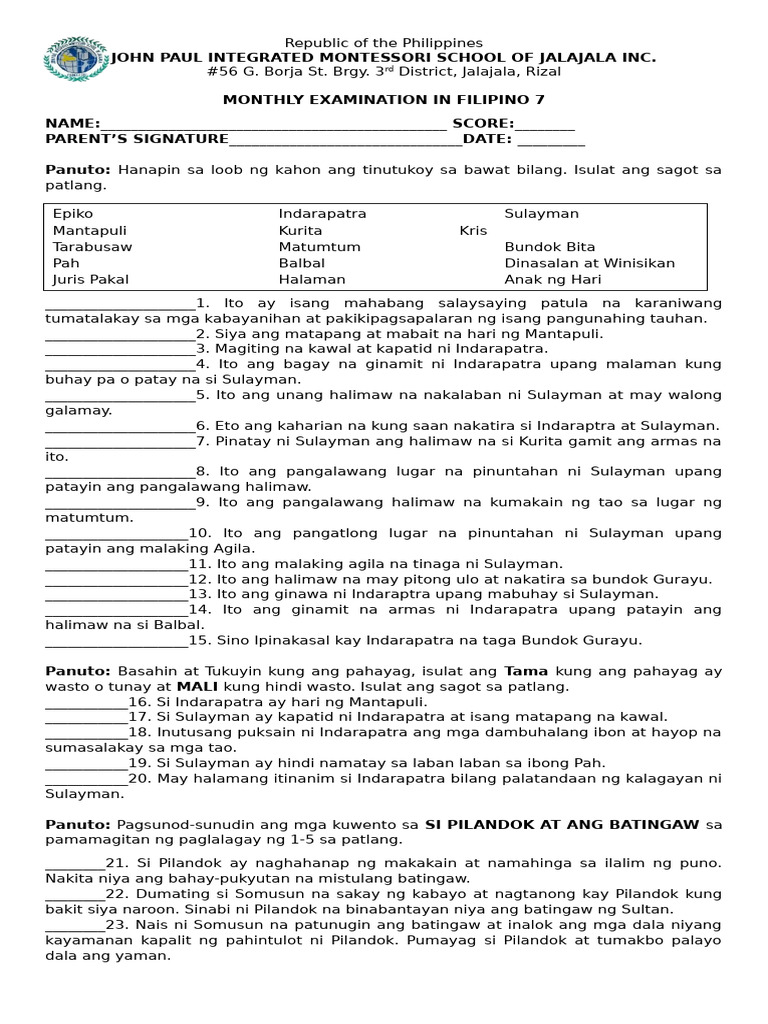 September Exam Filipino 7 | PDF