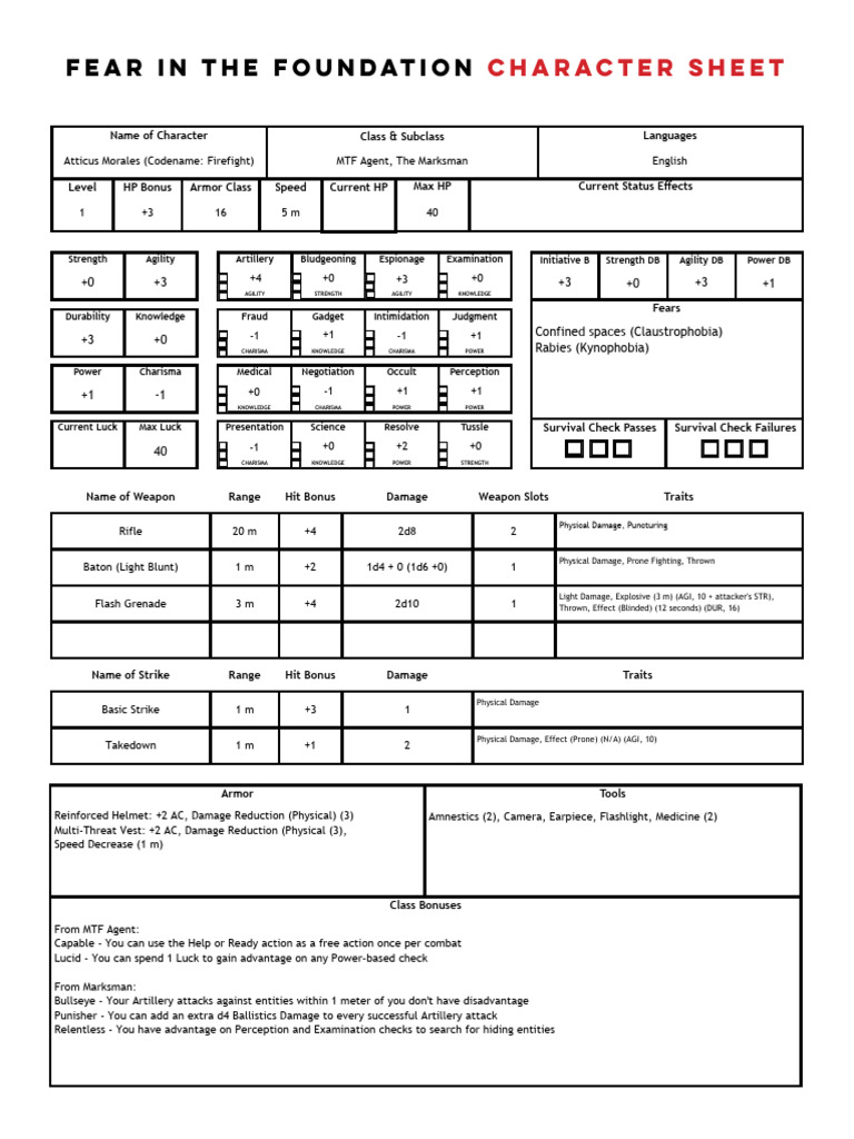 Fear in the Foundation Character Sheet | PDF