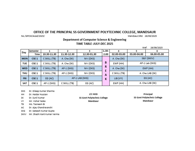 CSE Time Table July-Dec 2025 | PDF