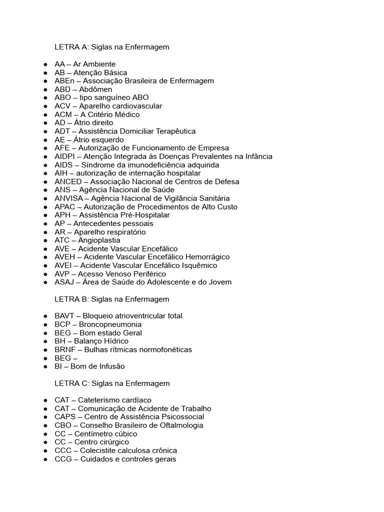 Siglas Comuns na Enfermagem | PDF | Especialidades médicas | Medicina ...