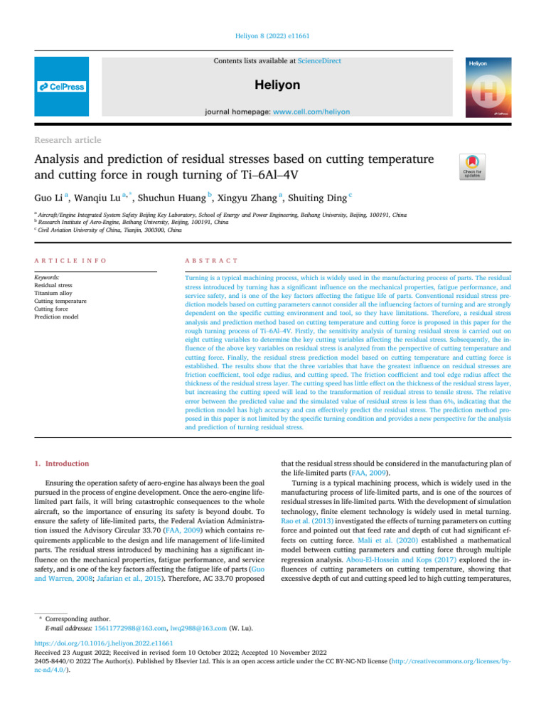 Analysis and Prediction of Residual Stresses Based On Cutting Tempe ...