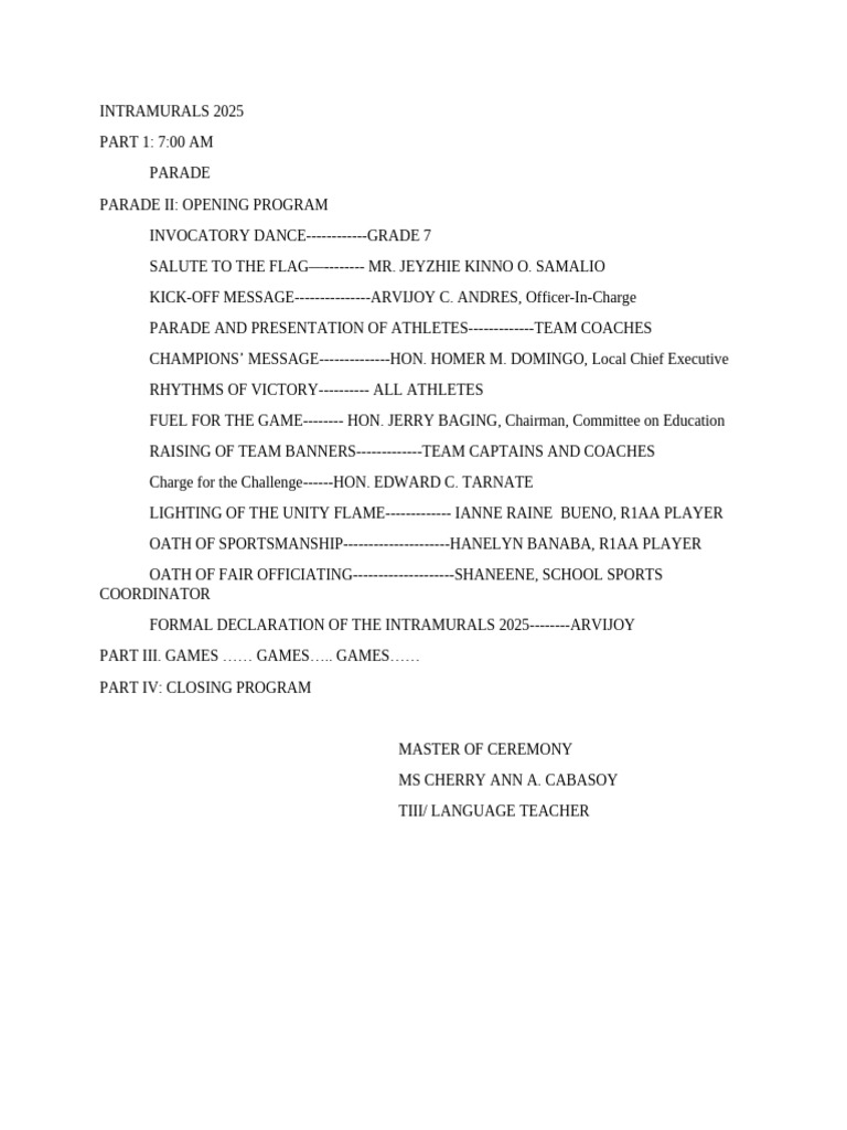 Intramurals 2025 Opening Ceremony Agenda | PDF
