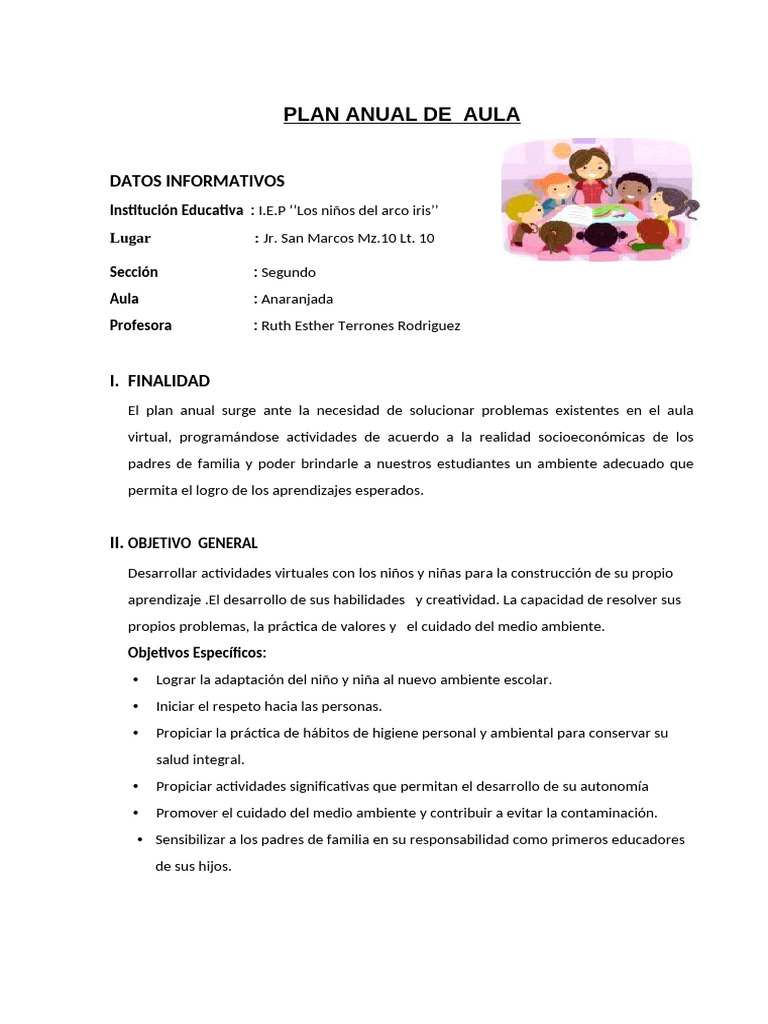 Plan Anual de Aula | PDF | Salón de clases | Evaluación