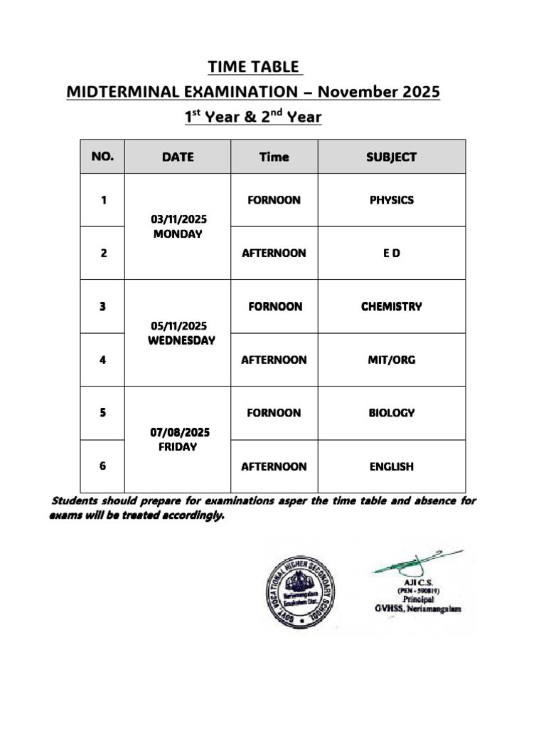 Midterm Exam Schedule November 2025 | PDF