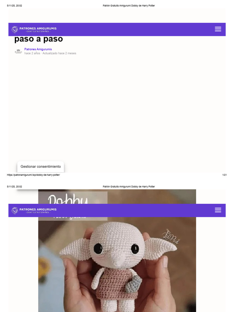 Patrón Amigurumi Dobby Gratis | PDF | Amigurumi | Artes Textiles
