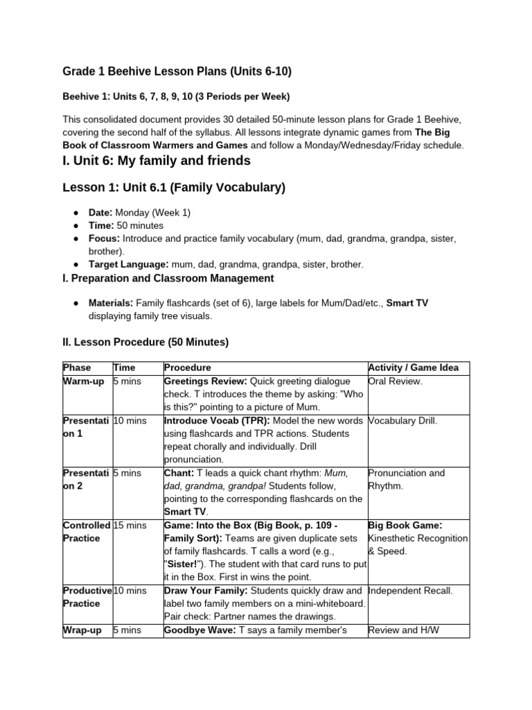 Grade 1 Beehive Lesson Plans Units 6-10 | PDF | Vocabulary | Linguistics