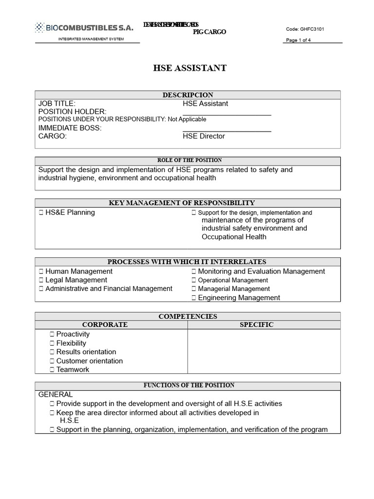 HSE Assistant Job Responsibilities | PDF | Occupational Safety And ...