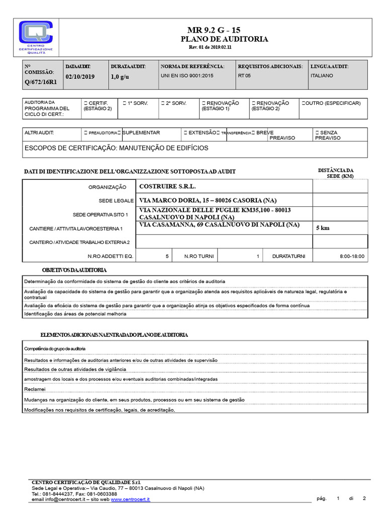 Plano de Auditoria ISO 9001:2015 | PDF | Business