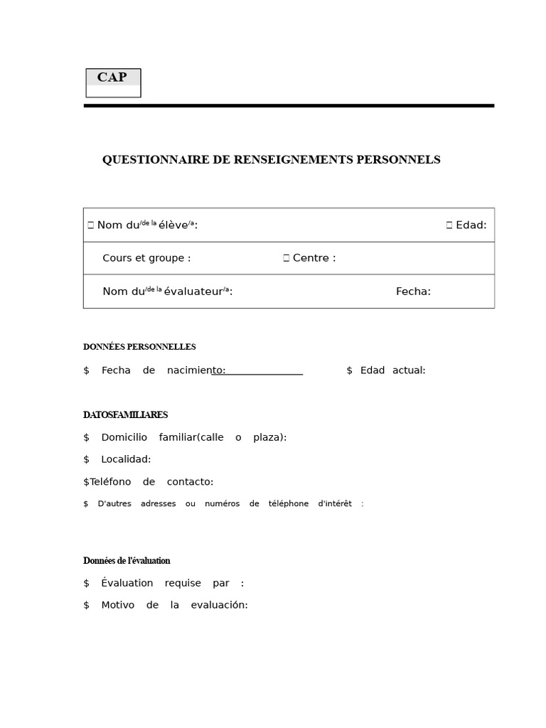 Questionnaire de Renseignements Personnels | PDF | Spécialités ...