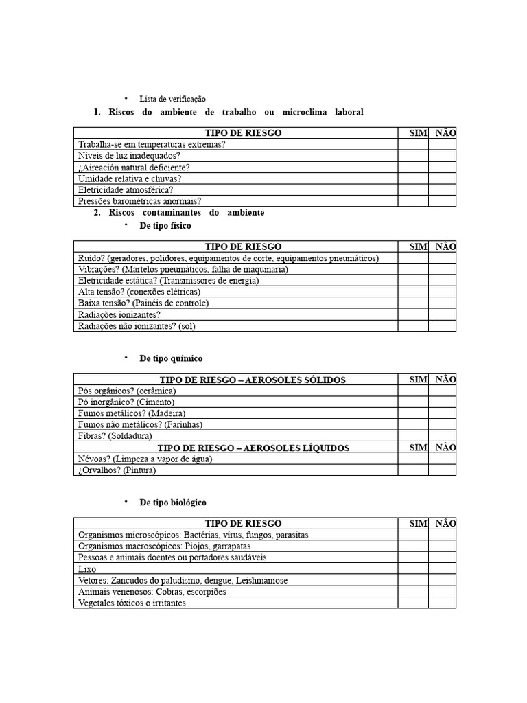 Checklist de Riscos Ambientais no Trabalho | PDF | Ambiente natural ...