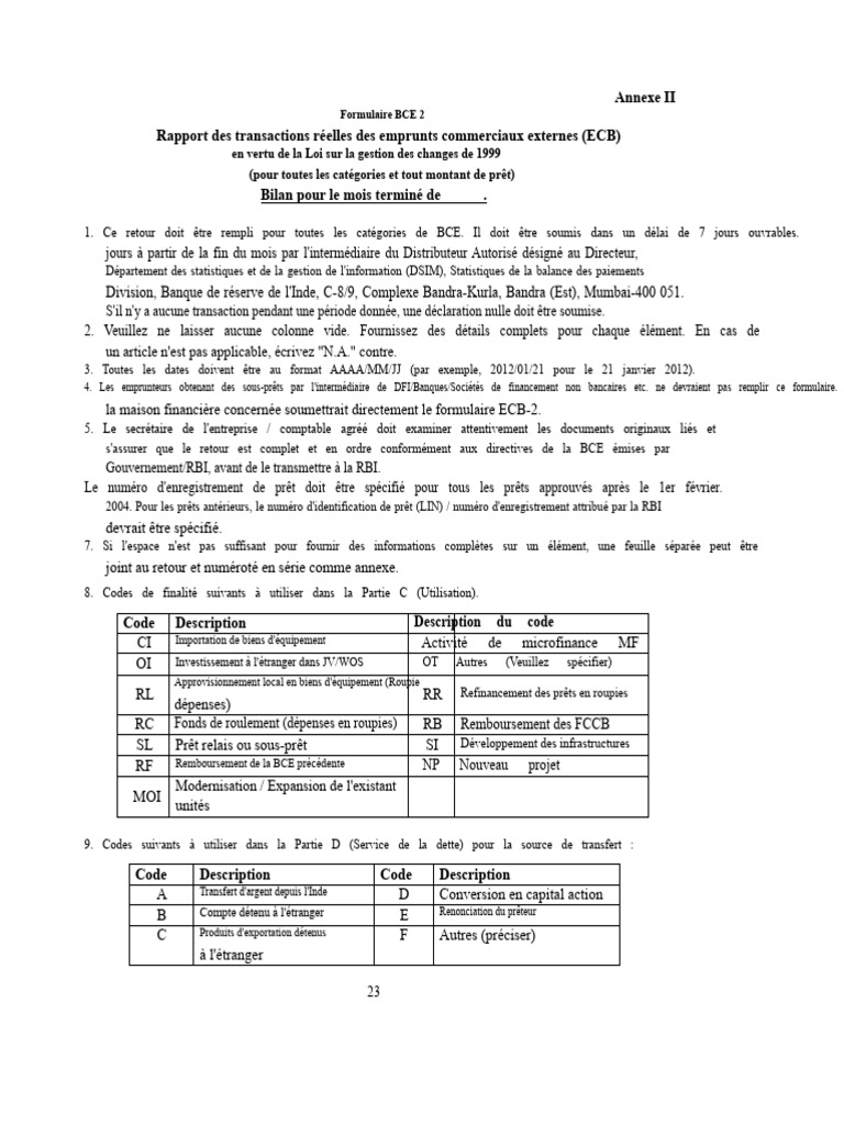 Formulaire BCE 2 : Rapport de prêt externe | PDF | Banque centrale ...